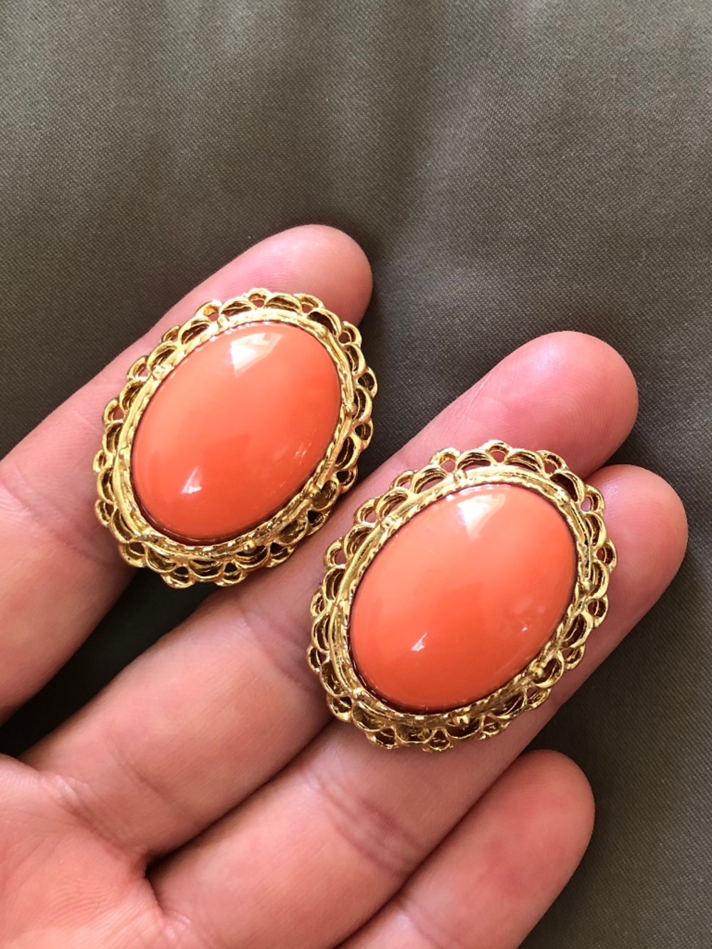 Coral Gold Oval Clip On Earrings
